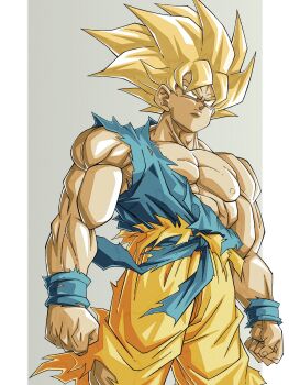  1boy artjohnny1020 blonde_hair blue_shirt border commentary_request cowboy_shot dragon_ball dragonball_z green_eyes grey_background highres male_focus medium_hair muscular muscular_male orange_pants pants shirt simple_background solo son_goku spiked_hair super_saiyan super_saiyan_1 torn_clothes torn_pants torn_shirt white_border 