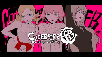  1boy 2girls arm_up black_background black_border black_shirt blonde_hair blue_eyes bob_cut border breasts brown_eyes brown_hair catherine:_full_body catherine_(atlus_character) catherine_(game) choker cleavage copyright_logo copyright_name crossdressing crossdressing_(mtf) dress drill_hair frilled_dress frills hand_on_own_hip highres katherine_mcbride logo long_hair looking_at_viewer multiple_girls necktie non-web_source official_art pink_background pink_hair red_ribbon ribbon rin_(catherine) school_uniform seductive_smile serafuku shirt short_hair sketch smile soejima_shigenori strap_slip trap turtleneck twin_drills two-tone_background white_choker white_dress 