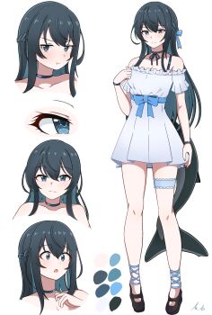  1girl absurdres black_shoes blue_eyes blue_hair braid breasts choker cleavage closed_mouth color_guide colored_inner_hair dress fins fish_tail frilled_dress frilled_thigh_strap frills full_body hair_ribbon half_up_braid highres light_smile long_hair milliani multicolored_hair multiple_expressions open_mouth original pleated_dress pleated_sleeves pout reference_sheet ribbon shark_girl shark_tail shoes short_dress short_sleeves standing tail thigh_strap white_background white_dress wrist_straps  rating:Sensitive score:4 user:danbooru