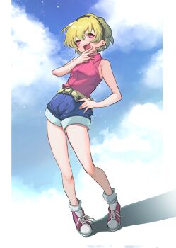  1girl black_hairband blonde_hair blue_shorts collared_shirt commentary_request hairband hand_on_own_hip highres higurashi_no_naku_koro_ni houjou_satoko laughing ojou-sama_pose open_mouth pillarboxed pink_eyes pink_shirt red_shoes riz3 shirt shoes short_hair shorts sleeveless sleeveless_shirt sneakers socks solo white_socks 