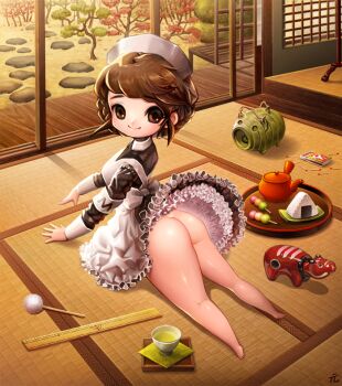  1girl apron arched_back armband ass bad_anatomy bad_id bad_pixiv_id bare_legs barefoot brown_eyes brown_hair candlefish female_focus food frills garden green_tea incense_burner indoors kayari_buta looking_at_viewer looking_back lying maid maid_apron maid_headdress mascot matches matching_hair/eyes mentholatum mentholatum_girl no_panties on_floor onigiri porch ruler short_hair smile solo stone tatami tea teapot 