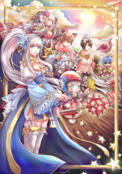  3boys 3girls abs absurdres animal_ears arch_bishop_(ragnarok_online) armor bell belt black_gloves blue_dress blue_eyes breastplate breasts brown_hair championship_belt cleavage cleavage_cutout closed_mouth clothing_cutout cloud commentary_request cowboy_shot crosier cross cross_necklace cross_of_prontera deviruchi dress fishnet_thighhighs fishnets flower fox_boy fox_ears frilled_thighhighs frills gauntlets gloves green_eyes grey_hair hair_bell hair_flower hair_ornament helmet high_ponytail highres holding holding_staff jewelry jingle_bell juliet_sleeves long_hair long_sleeves looking_afar looking_at_viewer medium_breasts motorcycle_helmet multiple_boys multiple_girls necklace pauldrons philippa pink_dress pink_flower ponytail puffy_sleeves ragnarok_online red_eyes rune_knight_(ragnarok_online) short_hair shoulder_armor smile sorcerer_(ragnarok_online) spiked_pauldrons spikes staff summoner_(ragnarok_online) sun sunglasses sura_(ragnarok_online) thighhighs toned toned_male topless_male two-tone_dress very_long_hair white_dress white_thighhighs 