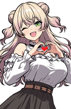  1girl alternate_costume belt black_skirt blonde_hair brown_belt commentary_request ding36 double_bun green_eyes hair_bun heart heart_hands hololive long_hair looking_at_viewer momosuzu_nene one_eye_closed shirt skirt teeth two_side_up upper_teeth_only virtual_youtuber white_background white_shirt 