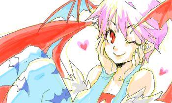  1girl ;) animal_print bad_drawr_id bad_id bare_shoulders bat_print bat_wings blue_bridal_gauntlets blue_wings bridal_gauntlets closed_mouth collarbone darkstalkers demon_girl flat_chest hagiya_kaoru hands_on_own_face head_wings heart lilith_(darkstalkers) one_eye_closed purple_hair red_eyes short_hair simple_background smile solo white_background wings 