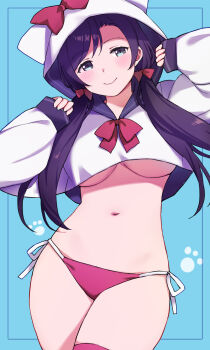  1girl bikini blue_background blush bow breasts closed_mouth duke_(inu_daimyou) green_eyes hair_bow highres hood hooded_jacket jacket large_breasts long_hair long_sleeves looking_at_viewer love_live! love_live!_school_idol_project low_twintails purple_hair red_bikini red_bow red_thighhighs side-tie_bikini_bottom smile solo swimsuit thighhighs thighs tojo_nozomi twintails underboob 