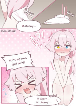  >_< 1girl absurdres artist_name blue_archive blush breasts covering_crotch covering_privates embarrassed hard-translated heterochromia highres hoshino_(blue_archive) lattes2 loli looking_at_viewer nose_blush nude open_mouth pink_hair small_breasts third-party_edit towel towel_slip translated wardrobe_malfunction  rating:Explicit score:74 user:rorikoncarne