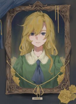  1girl ascot blonde_hair blue_eyes character_name collared_shirt commentary_request curtains flower highres ib_(kouri) long_hair mary_(ib) picture_frame portrait_(object) rose shirt solo sym_(sym157a) yellow_flower yellow_rose 