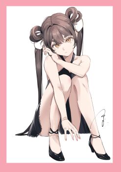  1girl absurdres bare_arms bare_legs bare_shoulders black_dress black_shoes border brown_eyes brown_hair closed_mouth detached_hair dress full_body hair_rings halter_dress halterneck high_heels highres knees_up long_hair looking_at_viewer ogura_tubuan original pink_border shoes simple_background sitting sleeveless sleeveless_dress solo very_long_hair white_background 