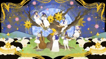  3boys 4girls animal_ears ascot bare_tree bell black_hair blonde_hair blue_background blue_bow blue_bowtie blue_hat blush book bow bow_(music) bowtie brown_hair closed_eyes commentary_request crescent double_bass dress facing_to_the_side flute full_body glasses grass green_hair hair_between_eyes hat hat_ornament highres holding holding_book holding_bow_(music) holding_flute holding_harp holding_instrument holding_violin horns in_tree instrument long_dress long_hair long_sleeves looking_to_the_side moon multiple_boys multiple_girls music neck_bell nose open_book open_mouth original outdoors pink_hair playing_flute playing_instrument puffy_pants red_eyes round_eyewear sheep sheep_boy sheep_ears sheep_girl sheep_horns shirt shoes short_hair sitting sitting_in_tree smile standing star_(symbol) star_hat_ornament star_print thai_commentary too_many_sheep transverse_flute tree unholymilk violin white_ascot white_dress white_shirt wide_sleeves xylophone yellow_shoes 