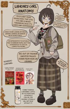  1girl a_court_of_thorns_and_roses_(series) absurdres ahoge bag basedbinkie black_shirt black_shoes brown_background brown_eyes brown_hair brown_skirt brown_socks buttons character_profile collarbone commentary english_commentary english_text freckles full_body glasses grey_sweater highres jimiko long_skirt original round_eyewear shirt shoes short_hair shoulder_bag skirt socks solo standing sweater the_divine_comedy yellow-framed_eyewear  rating:General score:12 user:danbooru