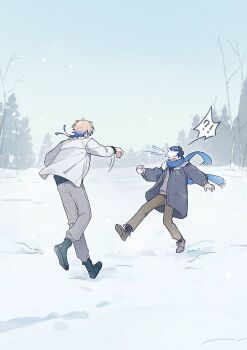  !? 2boys black_hair black_shoes blonde_hair blue_hair blue_lock blue_scarf chinese_commentary coat commentary_request falling full_body grey_pants grey_sweater highres holding holding_snowball isagi_yoichi jacket male_focus michael_kaiser multicolored_hair multiple_boys pants pcal_pcal scarf shoes short_hair short_hair_with_long_locks snow snowball snowball_fight spoken_interrobang standing sweater two-tone_hair white_jacket winter_clothes winter_coat 