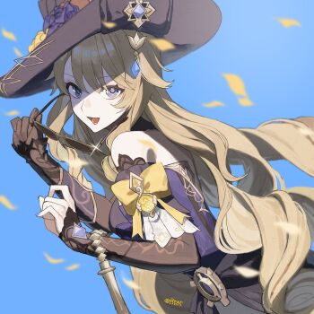  1girl black_hat blonde_hair blue_background bow breasts drill_hair flower from_side genshin_impact grey_eyes hat hat_flower highres holding holding_removed_eyewear long_hair medium_breasts mumu_003 navia_(genshin_impact) petals sunglasses twitter_username unworn_eyewear vision_(genshin_impact) wind yellow_bow 
