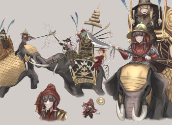  5girls :d alternate_costume armor battle blonde_hair blood closed_eyes commentary crystal crystal_wings dual_wielding duel elephant english_text eyeball flandre_scarlet frilled_hair_tubes frills gohei green_hair hair_tubes hakurei_reimu hat hata_no_kokoro headscarf heart heart_of_string helm helmet highres holding holding_gohei holding_polearm holding_weapon kettle_helm kirisame_marisa komeiji_koishi mask mask_on_head multicolored_wings multiple_girls myanmar naginata noh_mask open_mouth pink_eyes pink_hair polearm red_eyes scimitar side_ponytail simple_background smile sword thailand there2007 third_eye touhou weapon wings x_x yellow_eyes 