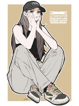  1girl absurdres air_jordan air_jordan_1 animification bambi_surprise baseball_cap black_hat black_tank_top border brown_background brown_eyes brown_hair copyright_name grey_eyes grey_pants hair_behind_ear hands_on_own_face hat highres k-pop le_sserafim long_hair miyawaki_sakura nike_(company) outside_border pants parted_lips real_life simple_background sitting solo tank_top travis_scott very_long_hair white_border 