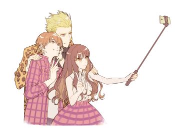  1girl 2boys animal_print bare_shoulders black_shirt blonde_hair breasts brown_eyes brown_hair buttons cellphone chain chain_necklace closed_mouth collared_shirt commentary_request cowboy_shot dual_persona earrings fate/extra fate_(series) fingernails gilgamesh_(fate) gold_chain gold_earrings gold_necklace hair_between_eyes hand_on_another's_shoulder hands_up highres holding jacket jewelry kishinami_hakuno_(female) kishinami_hakuno_(female)_(another_ending) kishinami_hakuno_(male) kishinami_hakuno_(male)_(victor_of_the_moon) leopard_print long_hair long_sleeves looking_at_phone medium_breasts multiple_boys necklace official_alternate_costume open_clothes open_jacket open_shirt phone pink_shirt pink_skirt plaid_clothes plaid_skirt red_eyes ryousuke_(tukr5384) selfie_stick shirt short_hair sidelocks simple_background skirt sleeveless sleeveless_shirt smartphone smile standing t-shirt taking_picture v wavy_hair white_background white_shirt yellow_jacket 