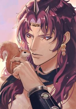  1boy animal animal_on_shoulder arm_up bare_pectorals battle_tendency bracer closed_mouth earrings eyelashes highres jewelry jojo_no_kimyou_na_bouken kars_(jojo) long_hair looking_at_animal male_focus pectorals piercing portrait purple_hair red_eyes rr9pt76u5phwgqx solo spikes squirrel tiara 