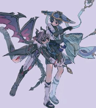  2boys armor belt black_belt black_bodysuit black_boots black_bow black_bridal_gauntlets black_coat black_hair black_horns black_sandals black_shorts black_sleeves black_tail blue_cape blue_hat blue_kimono blue_sleeves blunt_ends blush bodysuit boots bow bridal_gauntlets bright_pupils cape clenched_hand coat crystal dragon_boy dragon_horns dragon_tail dragon_wings facial_mark feathers foot_up forehead_mark full_body furisode gem genshin_impact gloves gold hakama hakama_shorts hat heart heart_tail highres horns hug hug_from_behind japanese_armor japanese_clothes jingasa juban kimono knee_boots kote kurokote layered_sleeves leg_warmers long_sleeves looking_at_viewer low_wings mano_062 mini_durin_(genshin_impact) mini_durin_(human)_(genshin_impact) multiple_boys o-ring open_clothes open_hand open_kimono outstretched_arm pants parted_lips pink_wings pleated_shorts pom_pom_(clothes) pouncing purple_background purple_eyes purple_hair purple_rope purple_vest red_eyes red_gemstone rope sandals scaramouche_(genshin_impact) short_sleeves shorts slit_pupils smile spiked_tail spiked_wings standing sweatdrop tail tassel toeless_legwear vest wanderer_(genshin_impact) white_gloves white_kimono white_leg_warmers white_mouth white_pants white_pupils white_sleeves wings wispy_bangs yellow_feathers zouri 