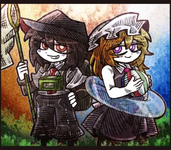  2girls alternate_costume ball beachball black_hat black_pants black_socks blonde_hair brown_hair butterfly_net collar deformed dress grass hair_between_eyes hand_net hat holding holding_ball holding_beachball lifebuoy long_sleeves looking_at_viewer maribel_hearn medium_hair mob_cap multiple_girls necktie pants purple_dress red_eyes shirt sleeveless socks suenari_(peace) swim_ring touhou usami_renko white_collar white_hat white_shirt 