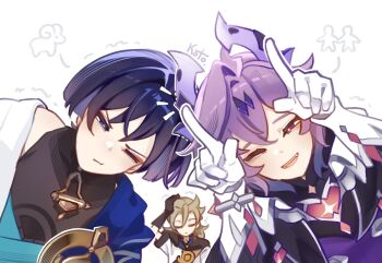  3boys :t arm_up artist_name black_bodysuit black_coat black_gloves black_hair black_hood blonde_hair blue_cape blue_kimono blunt_ends bodysuit bright_pupils cape closed_eyes closed_mouth coat commentary covered_collarbone curtained_hair dragon_horns english_commentary eyeliner eyeshadow facial_mark facing_down forehead_mark gem genshin_impact gloves gold hair_between_eyes hand_on_own_head hands_up heads_together heart-shaped_gem highres hood hood_down hooded_coat horns horns_pose indoors japanese_clothes juban kimono kotokate leaning_to_the_side makeup mini_durin_(genshin_impact) mini_durin_(human)_(genshin_impact) multiple_boys notice_lines one_eye_closed open_clothes open_coat open_kimono open_mouth purple_eyes purple_hair purple_horns purple_vest red_eyeliner red_eyes red_eyeshadow red_gemstone scaramouche_(genshin_impact) short_sleeves shoulder_peek teeth upper_teeth_only vest wanderer_(genshin_impact) white_background white_coat white_gloves white_kimono white_pupils white_sleeves wispy_bangs 