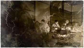  6+boys bandana border bowl coat cooking crossover cup damaged fire ginko_(mushishi) hand_up indian_style indoors irori_(hearth) japanese_clothes jewelry jizaikagi kettle kimono knee_up kusuriuri_(mononoke) long_hair long_sleeves looking_at_another looking_away looking_down looking_to_the_side male_focus meal monochrome mononoke multiple_boys mushishi necklace out_of_frame photo_(object) plate pointy_ears pot short_hair sidelocks sitting smoke starstruckdon stove tokkuri turtleneck white_border wood 