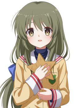  1girl absurdres brown_eyes clannad commentary_request green_hair hand_on_own_chest highres hikarizaka_private_high_school_uniform ibuki_fuuko jacket long_hair re2ed sailor_collar school_uniform serafuku simple_background solo starfish upper_body white_background white_sailor_collar yellow_jacket 