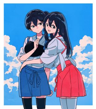  2girls akagi_(kancolle) black_hair black_thighhighs blue_kimono blue_sky closed_mouth cloud commentary_request commission day hakama hakama_skirt hand_on_another's_waist highres japanese_clothes kaga_(kancolle) kantai_collection kimono long_hair looking_at_viewer multiple_girls muneate open_mouth ponytail red_kimono side_ponytail skeb_commission skirt sky takamachiya tasuki thighhighs white_thighhighs 