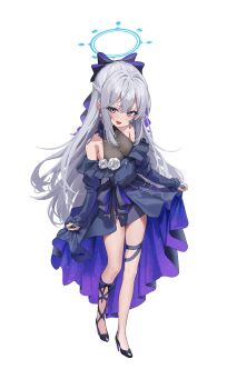  1girl absurdres alternate_costume bare_shoulders black_shoes blue_archive blue_dress breasts dress dress_flower earrings flower from_above full_body grey_hair halo high_heels highres jewelry kerno leg_wrap long_hair long_sleeves looking_at_viewer miyako_(blue_archive) off_shoulder open_mouth shoes smile standing very_long_hair white_flower 