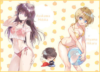  1boy 2girls ayukawa_madoka bikini black_hair blonde_hair blue_eyes breasts carnelian character_name cleavage food frilled_bikini frills fruit fruit_background highres hiyama_hikaru kasuga_kyousuke kimagure_orange_road long_hair medium_breasts multiple_girls orange_(fruit) red_bikini see-through_clothes see-through_shirt shirt short_hair side-tie_bikini_bottom swimsuit t-shirt wet wet_clothes wet_shirt yellow_bikini 