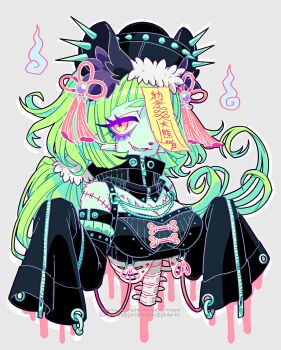  1girl :3 animal_ears black_bra black_sleeves blood bone bra breasts cleavage colored_eyelashes colored_lineart commentary detached_collar detached_sleeves english_commentary fang furry furry_female green_fur green_hair grey_background gurokawa hair_ribbon hat highres jiangshi long_hair looking_at_viewer one_eye_covered open_mouth original panda_ears panda_girl pink_blood ribbon simple_background solo spine thick_eyelashes underwear uragurorugaru watermark yellow_eyes 