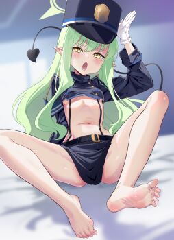 1girl absurdres barefoot black_skirt black_tail blue_archive blurry blush breasts cropped_jacket demon_tail depth_of_field gloves green_hair green_halo halo hat highres hikari_(blue_archive) liking loli long_hair long_sleeves looking_at_viewer midriff navel open_mouth peaked_cap pleated_skirt pointy_ears sitting skirt small_breasts soles solo spread_legs tail toes underboob white_gloves yellow_eyes  rating:Questionable score:7 user:CunnyInc