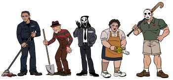  5boys a_nightmare_on_elm_street absurdres alternate_universe black_gloves black_hair black_hood brown_hair chainsaw commentary crossover english_commentary freddy_krueger friday_the_13th ghostface gloves halloween_(movie) hat highres hockey_mask holding holding_chainsaw hood jacket jason_voorhees jumpsuit junkmix_(c2ndy2c1d) leatherface long_sleeves looking_at_viewer mask michael_myers multiple_boys rubbing_nose scream_(movie) shirt short_hair striped_clothes striped_shirt the_texas_chainsaw_massacre white_mask 