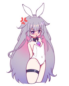  1girl :o alternate_costume anger_vein arms_behind_back blush bow bowtie breasts chest_jewel colored_inner_hair detached_collar female_focus hair_flaps highleg highleg_leotard hololive hololive_english jewel_under_eye koseki_bijou leotard long_hair looking_at_viewer multicolored_hair open_mouth playboy_bunny purple_eyes purple_hair rabbit_ears shutowl small_breasts solo strapless strapless_leotard thigh_strap thighs very_long_hair virtual_youtuber white_leotard 