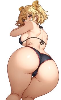 1girl absurdres alternate_costume ass ass_focus back bikini black_bikini blonde_hair breasts burnice_white from_behind hair_ornament highres large_breasts ponytail red_eyes reus_(cetta) short_hair simple_background solo swimsuit thighs white_background wide_hips zenless_zone_zero rating:Sensitive score:175 user:danbooru