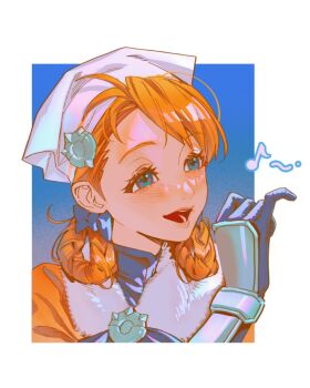  1girl abi_(no.129) annette_fantine_dominic aqua_eyes blue_background blue_bow blue_gloves border bow braid braided_hair_rings capelet commentary english_commentary fire_emblem fire_emblem:_three_houses fire_emblem_warriors:_three_hopes fur-trimmed_capelet fur_trim gloves gradient_background hair_bow hair_rings headscarf highres light_blush nintendo official_alternate_costume official_alternate_hairstyle open_mouth orange_hair pinky_out pinky_swear smile solo swept_bangs turtleneck upper_body vambraces white_border 