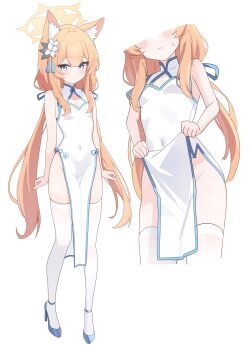 1girl absurdres alternate_costume alternate_hairstyle animal_ear_fluff animal_ears aqua_eyes blue_archive blue_ribbon blush breasts cat_ears closed_mouth clothes_lift clothing_cutout commentary dress dress_lift flower full_body hair_flower hair_ornament halo high_heels highres long_hair looking_at_viewer mari_(blue_archive) multiple_views no_panties nonddu orange_hair paw_print pelvic_curtain ribbon simple_background sleeveless sleeveless_dress small_breasts symbol-only_commentary thighhighs twintails very_long_hair white_background white_dress white_thighhighs yellow_halo rating:Questionable score:55 user:danbooru