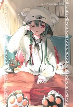  029 1girl animal_costume animal_ears animal_hood bear_costume bear_ears bear_hood bed bed_sheet bedroom black_ribbon blush commentary cosplay english_commentary full_body green_hair hair_ribbon hand_puppet hand_up highres hood hood_up indoors kigurumi kuma_kuma_kuma_bear long_hair long_sleeves looking_at_viewer morning official_art on_bed one_eye_closed open_mouth pillow puppet red_eyes red_ribbon ribbon rubbing_eyes sitting sleepy solo third-party_source under_covers waking_up yuna_(kuma_kuma_kuma_bear) 