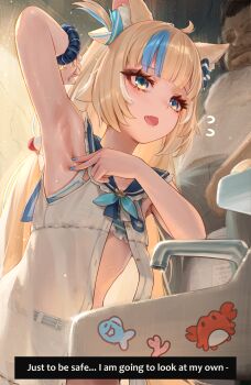  1boy 1girl ahoge animal_ears armpit_focus armpits bikini bikini_under_clothes bilingual_commentary blonde_hair blue_bikini blue_bow blue_eyes blue_hair blue_nails blue_sailor_collar blunt_bangs bow cat_ears commentary commission crossover dress english_commentary english_text fang flat_chest flying_sweatdrops frilled_bikini frilled_sailor_collar frills hair_bow highres indie_virtual_youtuber indoors lifebuoy_hair_ornament long_hair low_twintails mixed-language_commentary multicolored_hair nail_polish no_i'm_not_a_human one_side_up open_mouth padoruu partially_unbuttoned presenting_armpit sailor_collar sailor_dress sameko_saba sameko_saba_(1st_costume) scrunchie shorts sleeveless sleeveless_dress solo_focus spread_armpit streaked_hair striped_bikini striped_clothes sun_guy_(no_i'm_not_a_human) sweat swimsuit twintails very_long_hair virtual_youtuber white_dress white_hair white_shorts wrist_scrunchie 