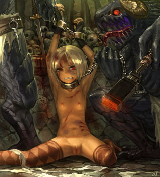  1girl abuse argyle_clothes argyle_legwear arms_up bad_id bad_nijie_id bdsm black_gloves blonde_hair blood blush bondage bound branded breasts censored chain clenched_teeth collar collarbone fingerless_gloves flat_chest gloves horns injury key loli monster mosaic_censoring navel nipples nude original outdoors ox_(baallore) prisoner public_indecency public_nudity pussy ramina_(baallore) red_eyes restrained scar short_hair sitting skull slave small_breasts spread_legs standing sword teeth thighhighs tongue tongue_out torn_clothes weapon white_hair  rating:Explicit score:253 user:sarukhan