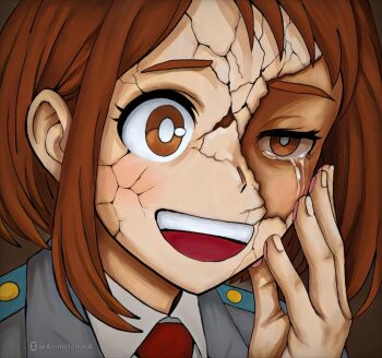  1girl :d boku_no_hero_academia breasts brown_eyes brown_hair collared_shirt cracked_kawaii_mask grey_jacket hand_up jacket jiu_(animemelina) necktie open_mouth portrait red_necktie school_uniform shirt short_hair smile solo tears u.a._school_uniform uraraka_ochako white_shirt 