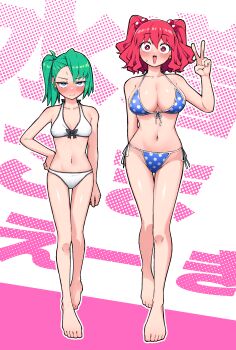 2girls absurdres alternate_costume alternate_hairstyle barefoot bikini black_bow blue_eyes blush bow bow_bikini breasts cleavage closed_mouth collarbone commentary_request full_body green_hair hair_bobbles hair_ornament halterneck highres large_breasts looking_at_viewer multiple_girls navel one_side_up onozuka_komachi polka_dot polka_dot_bikini red_eyes red_hair shiki_eiki side-tie_bikini_bottom smile solidus_(sword_cube) stomach sweatdrop swimsuit toes touhou translation_request two_side_up v white_bikini 