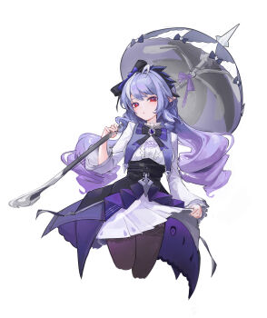  1girl absurdres ahoge ascot black_nails bow bowtie breast_curtains breasts brown_pantyhose center_frills commentary cropped_legs drill_hair drill_sidelocks frills gem hairband highres holding holding_umbrella long_hair looking_at_viewer medium_breasts mole mole_under_eye open_mouth pantyhose pointy_ears pontaselo purple_ascot purple_bow purple_bowtie purple_gemstone purple_hair purple_hairband purple_umbrella red_eyes shrug_(clothing) sidelocks simple_background skirt_hold solo umbrella vivian_banshee white_background white_shrug zenless_zone_zero 