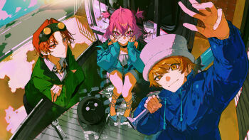  1girl 1other 2boys absurdres baseball_bat black_choker blue_jacket blue_shoes brown_eyes brown_hair chain chain_necklace choker commentary_request donut_hole_(vocaloid) eyewear_on_head green_jacket hair_between_eyes hands_on_own_face hat highres holding holding_baseball_bat jacket jewelry looking_at_viewer medium_hair motor_vehicle multiple_boys mura_karuki necklace official_art outdoors outstretched_hand parted_bangs pickup_truck pink_eyes pink_hair red_eyes red_hair road shirt shoes short_hair short_twintails sunlight truck twintails utaite white_hat white_shirt wrench 