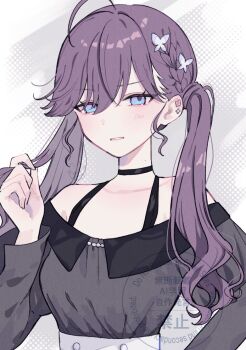  1girl ahoge black_choker blue_eyes blush braid breasts butterfly_hair_ornament choker commentary_request corset dress ear_piercing gakuen_idolmaster grey_background grey_dress hair_ornament halter_dress halterneck hand_up idolmaster kaya_rinha long_hair long_sleeves looking_at_viewer medium_breasts muta_(82y_46p) parted_lips piercing purple_hair side_braid solo swept_bangs twintails twirling_hair two-tone_background upper_body watermark white_background white_corset 