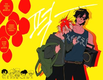  1girl 5boys animification backpack bad_id bad_twitter_id bag belt belt_buckle black_hair black_hoodie black_pants blonde_hair blue_tank_top boombox brown_belt buckle bullying chibi chibi_inset clothes_writing cole_(ninjago) commentary_request drawstring drop_shadow green_bag grey_shirt hand_on_another's_chest highres holding_boombox hood hood_down hoodie jay_(ninjago) kai_(ninjago) korean_commentary korean_text lloyd_garmadon long_sleeves male_focus multiple_boys nanunbab0da ninjago nya_(ninjago) pants parted_lips shirt short_hair simple_background sound_effects speech_bubble sweat tank_top the_lego_ninjago_movie translation_request undershirt wet wet_hair yellow_background zane_(ninjago) zipper_pull_tab 