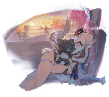  absurdres aemeath_(wuthering_waves) artist_name backless_dress backless_outfit bare_shoulders car car_seat car_window choker cloud cloudy_sky collar commentary_request day doll dress elbow_gloves from_inside glasses gloves hair_bun hair_ornament hairclip hairpin heart heart-shaped_pupils highres holding holding_doll holding_pocket_watch long_hair looking_to_the_side lori0212 motor_vehicle moving_background orange_clouds orange_sky outdoors palm_tree pink_clouds pink_eyes pink_hair pocket_watch side_sitting_split signature sitting sky star_(symbol) sunlight sunset symbol-shaped_pupils thigh_strap thighhighs tree watch wheelchair white_background white_gloves white_thighhighs wuthering_waves yokozuwari 