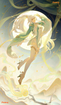  1boy 1girl absurdres artist_name breasts closed_mouth commentary dress english_commentary floating genshin_impact high_heels highres large_breasts legs long_hair long_sleeves looking_at_viewer midair moon pmmg ponytail solo thighhighs white_dress white_hair white_thighhighs yellow_eyes zibai_(genshin_impact) 