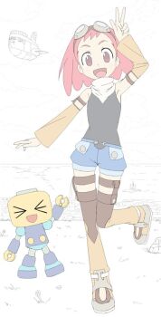  1girl aero_(mega_man) commentary_request detached_sleeves flower full_body goggles goggles_on_head grass kazuma_(theworld000021) long_hair looking_at_viewer mega_man_(series) mega_man_legends_(series) mega_man_legends_3 open_mouth pink_hair servbot_(mega_man) shorts smile thighhighs v 