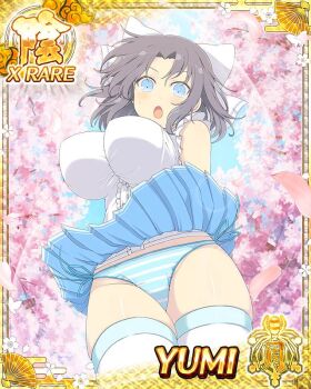  1girl :o arms_behind_head blue_eyes blue_panties blue_skirt border bow breasts card_(medium) character_name cherry_blossoms falling_petals from_below game_cg grey_hair groin hair_bow large_breasts light_blush looking_at_viewer looking_down medium_hair official_art panties petals pink_petals pleated_skirt senran_kagura senran_kagura_new_wave shirt side-tie_panties skindentation skirt solo striped_bow striped_clothes striped_panties thighhighs third-party_source underwear white_bow white_shirt white_thighhighs wind wind_lift yumi_(senran_kagura) 