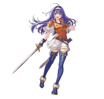  1girl ahoge armor belt black_thighhighs blue_boots blue_gloves blue_hair blush boots breastplate breasts brown_belt commentary english_commentary fingerless_gloves fire_emblem fire_emblem:_path_of_radiance fire_emblem:_radiant_dawn fire_emblem_heroes full_body gloves green_eyes hairband headband holding holding_sword holding_weapon long_hair looking_at_viewer mia_(fire_emblem) mia_(zenith_challenger)_(fire_emblem) nintendo official_alternate_costume official_art okuma_mai open_mouth orange_shirt purple_hair scabbard sheath shirt short_sleeves shoulder_armor simple_background skirt smile solo sword thigh_boots thighhighs thighs third-party_source weapon white_background white_hairband white_headband white_shirt white_skirt 