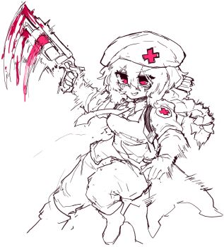  1girl alternate_costume alternate_headwear apron blood blood_on_gun bloody_weapon blush boots braid cross cross_print gloves greyscale gun hat highres holding holding_gun holding_weapon long_sleeves monochrome pants print_hat rampa93 red_cross red_eyes single_braid solo spot_color touhou weapon yagokoro_eirin 